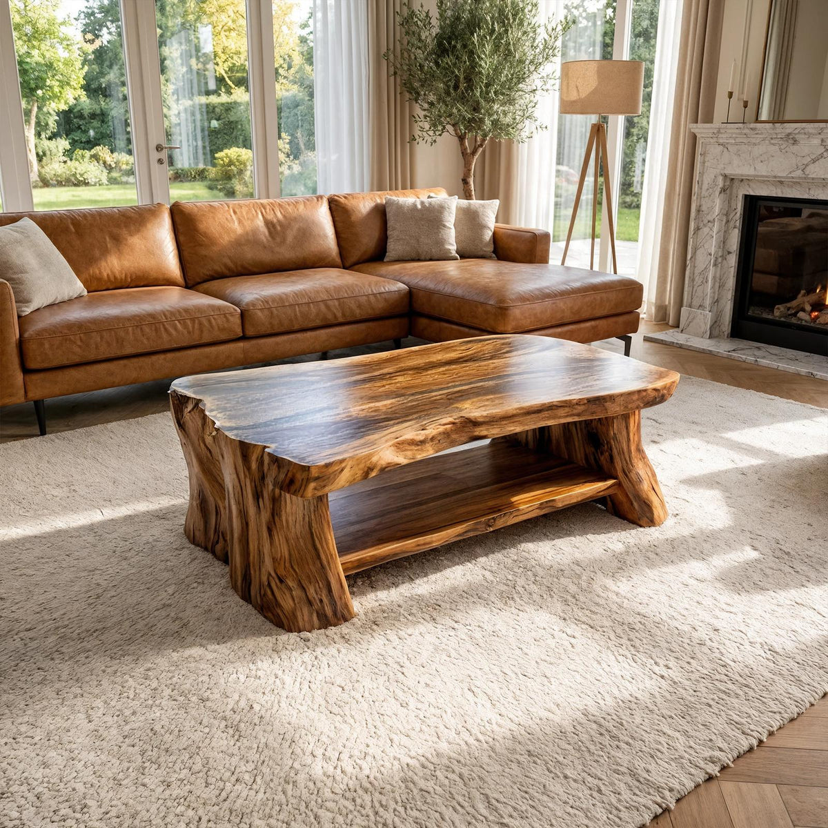 Reclaimed Slab Wood Coffee Table, Rustic Live Edge Solid Wood Center Table for Eco-Friendly Living Room Decor
