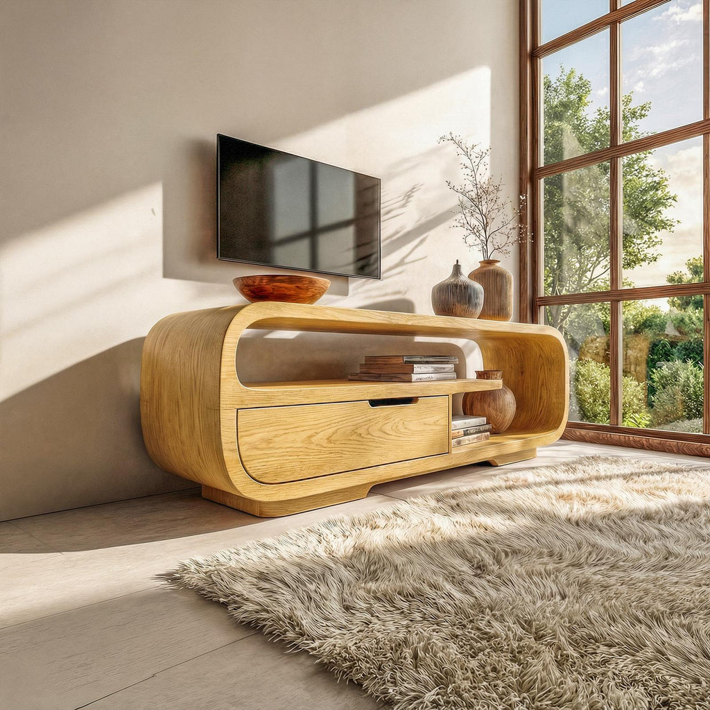 Minimalist Solid Wood TV Stand Cabinet, Modern Low Profile Media Console Table for Living Room Decor