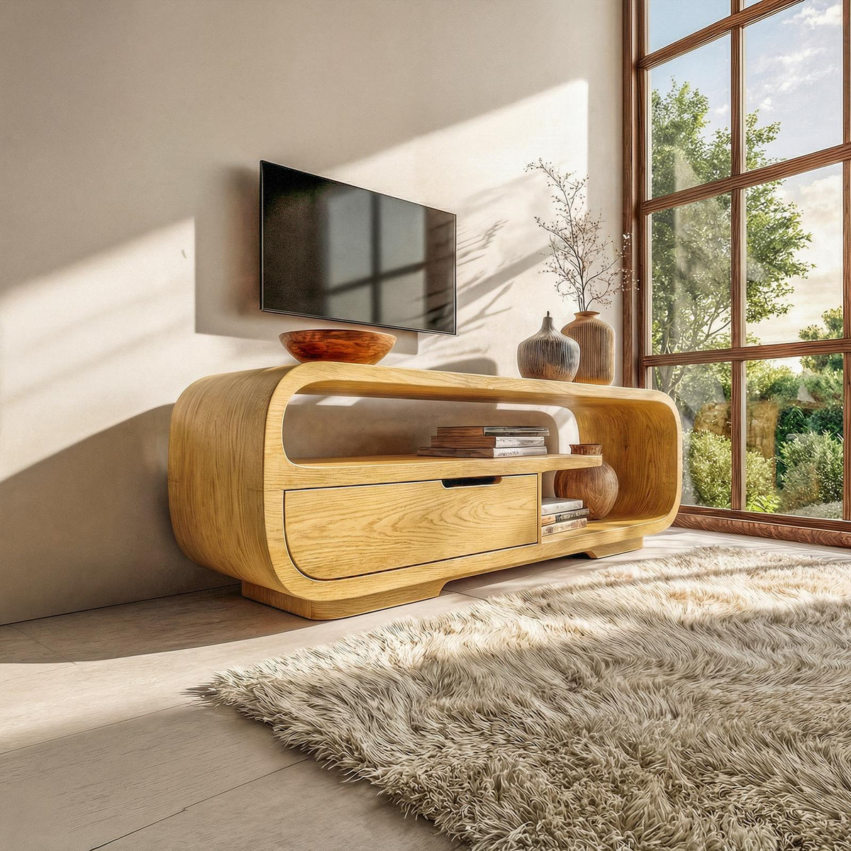 Minimalist Solid Wood TV Stand Cabinet, Modern Low Profile Media Console Table for Living Room Decor