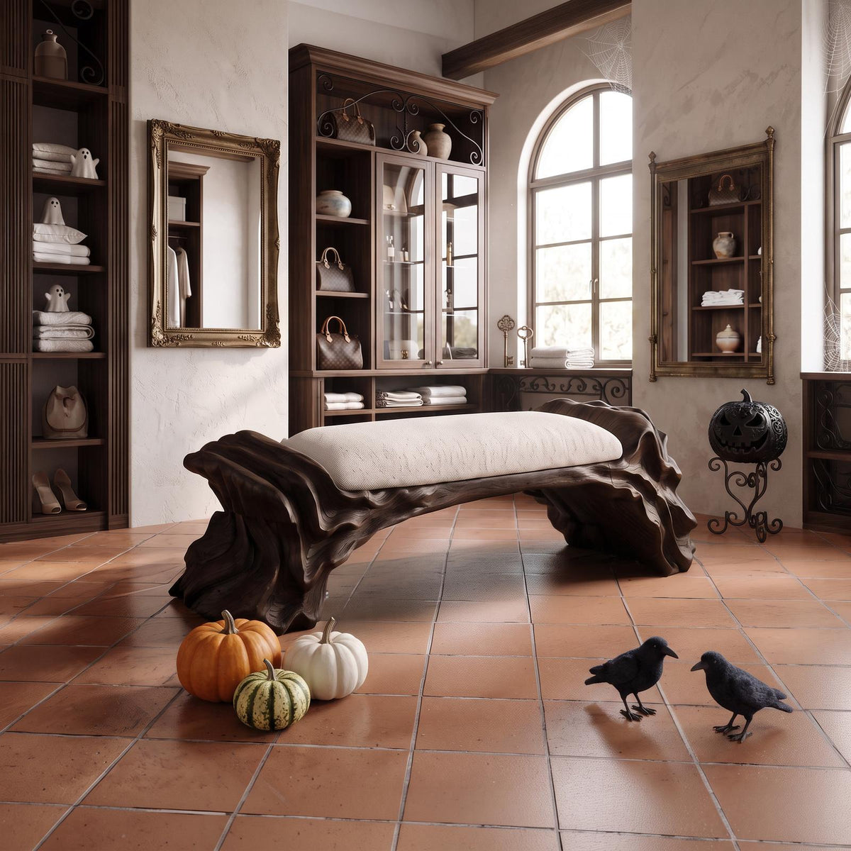Contemporary Halloween Wood Bench With Oyster Inspired Base For Reading Nook