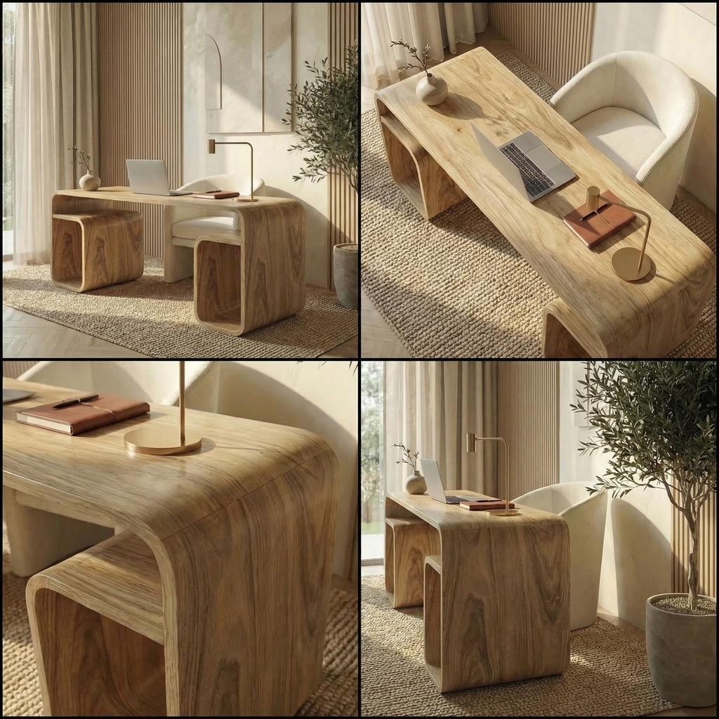 Japandi Curved Desk, Solid Wood Modern Writing Computer Desk for Bedroom & Study Room