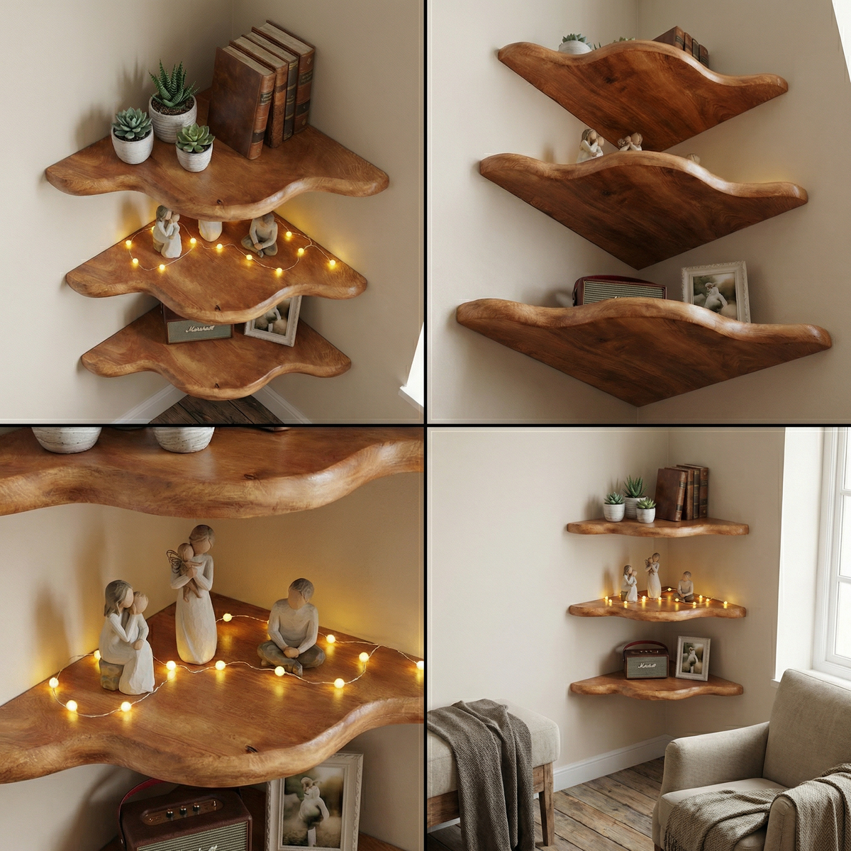 Rustic Floating Corner Shelf, Wall Mounted Solid Wood Display Shelves for Living Room, Bedroom & Office, Accent Decor