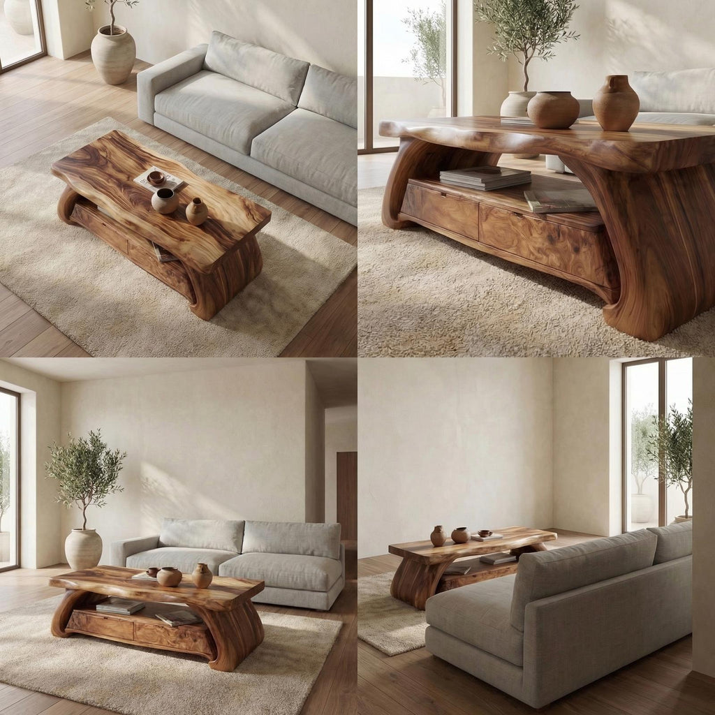 Rustic Solid Wood Coffee Table Natural Sculptural Base Living Room SINLSACF325