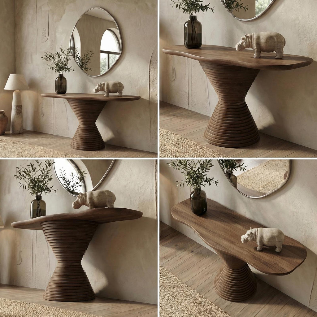 Modern Round Pedestal Console Table, Solid Wood Accent Sofa Table for Living Room & Foyer