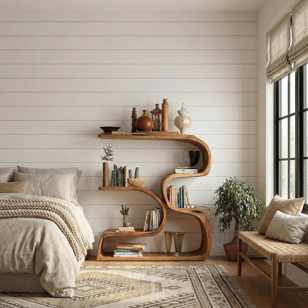 Rustic Artistic Solid Wood Bookshelf, Unique Floating Wall Book Display Shelf for Living Room Wall Decor