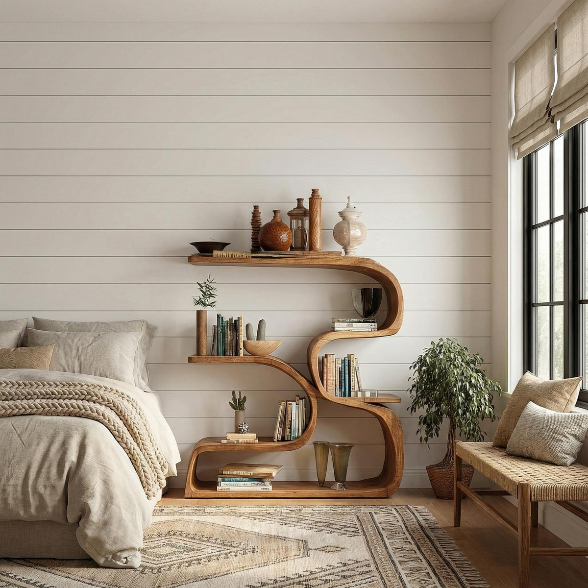 Rustic Artistic Solid Wood Bookshelf, Unique Floating Wall Book Display Shelf for Living Room Wall Decor