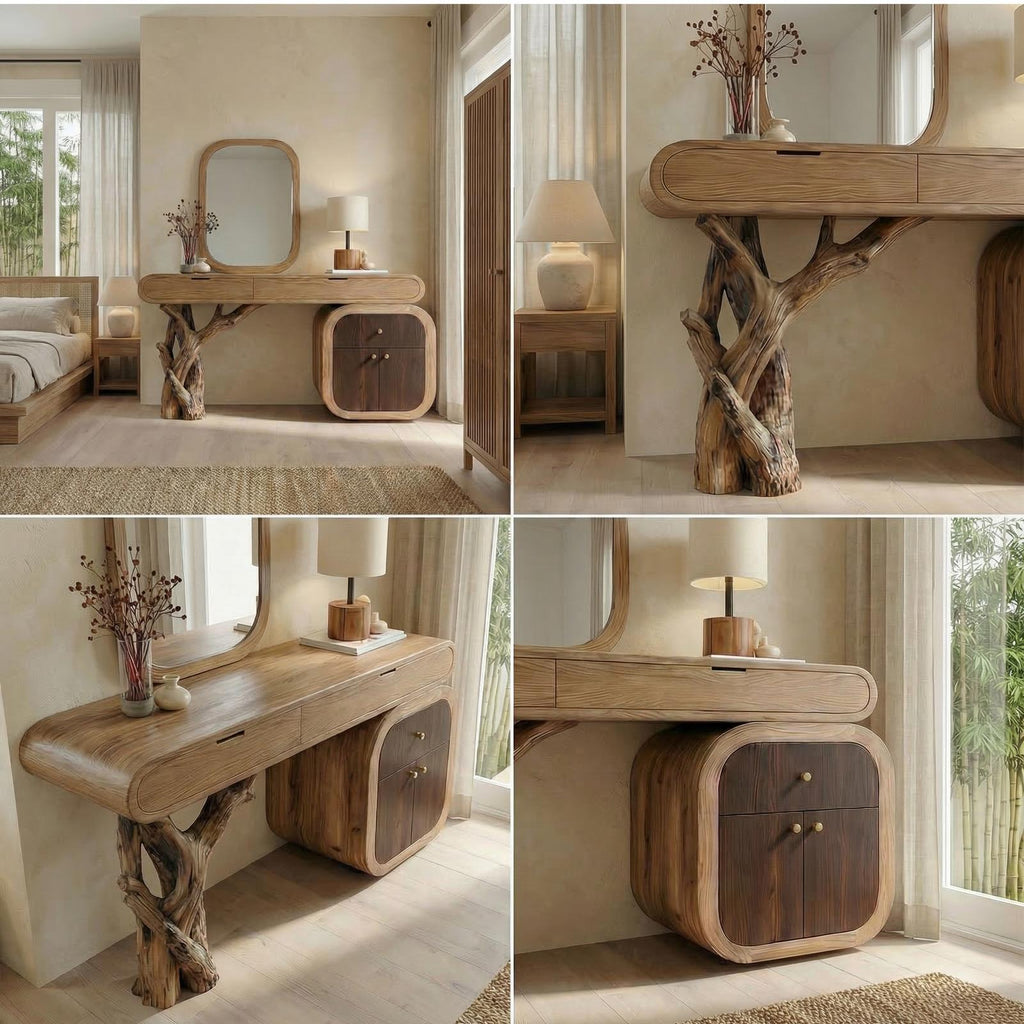 Spry Interior Rustic Dressing Table with Storage, Solid Wood Live Edge Makeup Vanity Desk, Bedroom Accent Table, SINLSABDT049