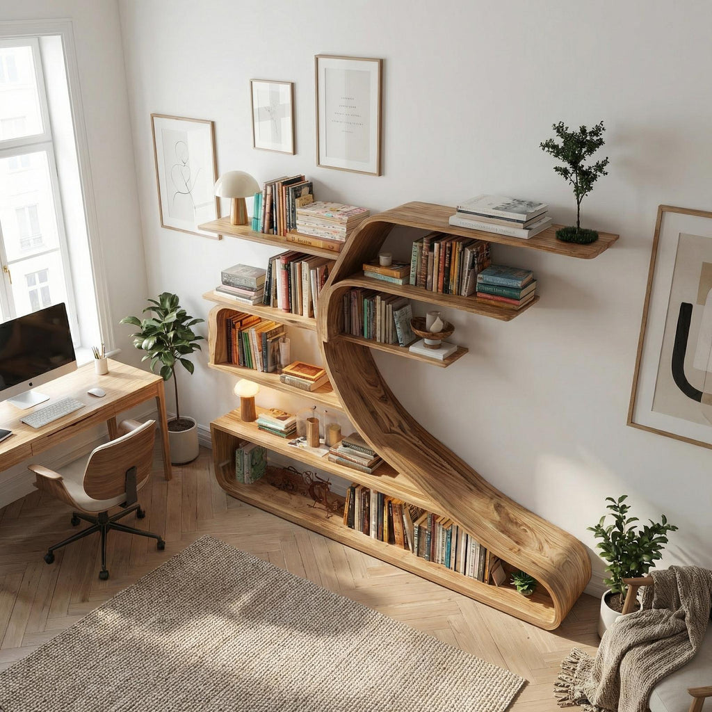 Rustic Sculptural Wood Wall Bookshelf, Floating Tree-Shape Book Display Shelf for Bedroom & Living Room