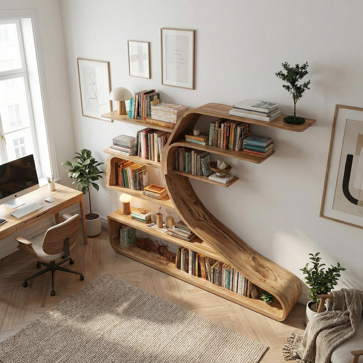 Rustic Sculptural Wood Wall Bookshelf, Floating Tree-Shape Book Display Shelf for Bedroom & Living Room
