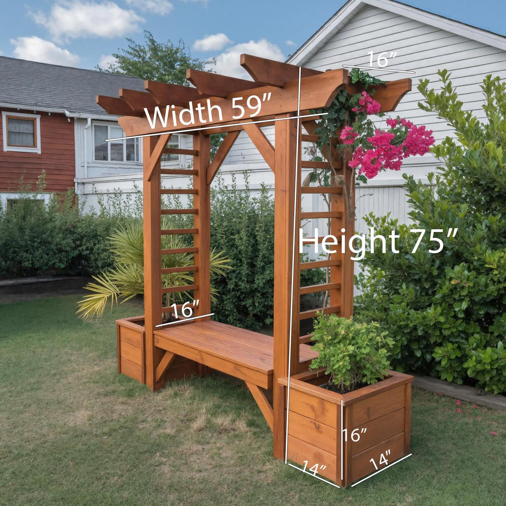 Rustic Wooden Pergola Bench With Planters For Patio Or Garden