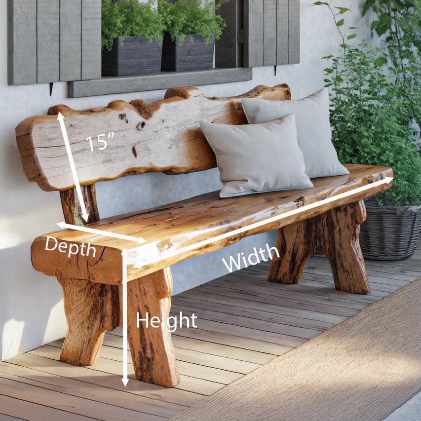 Rustic Live Edge Outdoor Wooden Bench With Backrest For Porch Or Garden