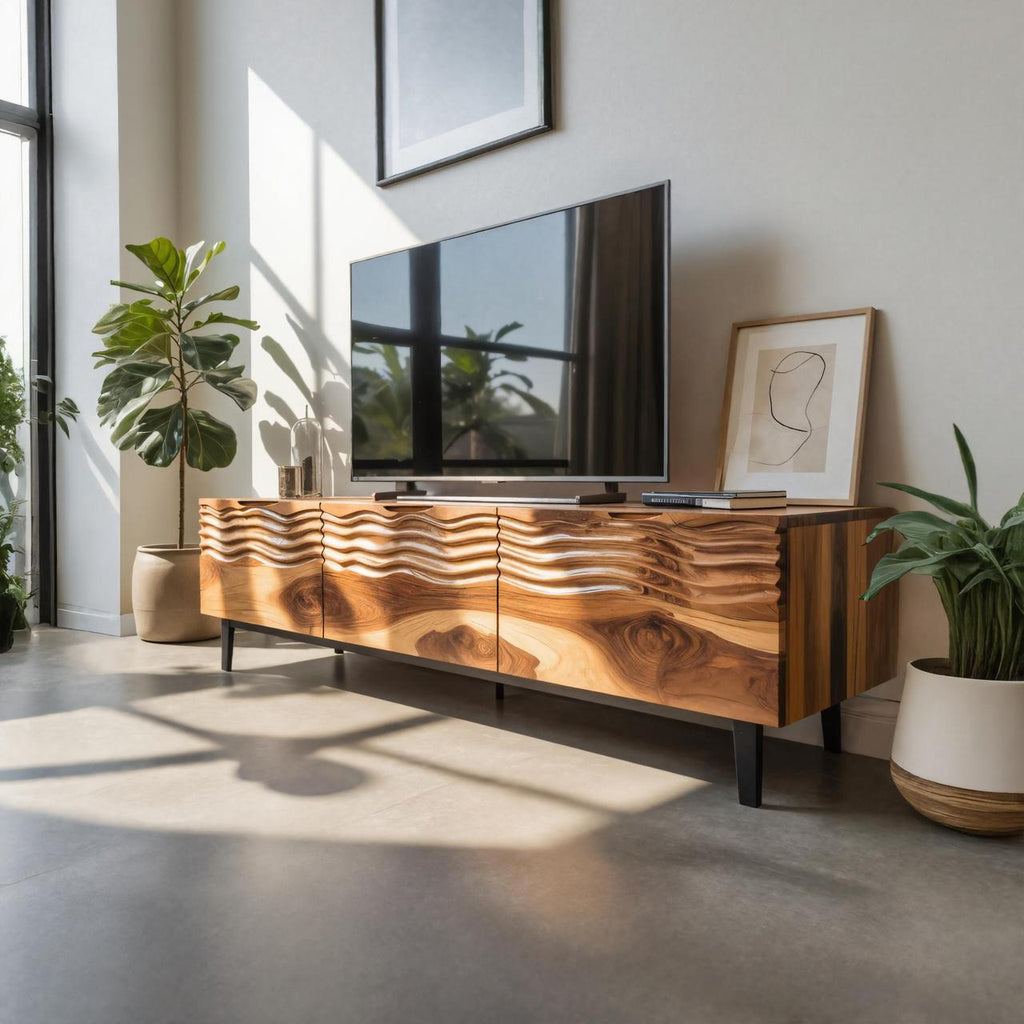 Modern Organic Wooden Sideboard, Wavy Front Solid Wood Buffet Cabinet, Artistic Credenza for Living Room