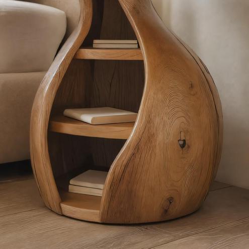 Artistic Wooden Bedside Table, Modern Curved Solid Wood Nightstand with Storage Shelves for Bedroom Decor