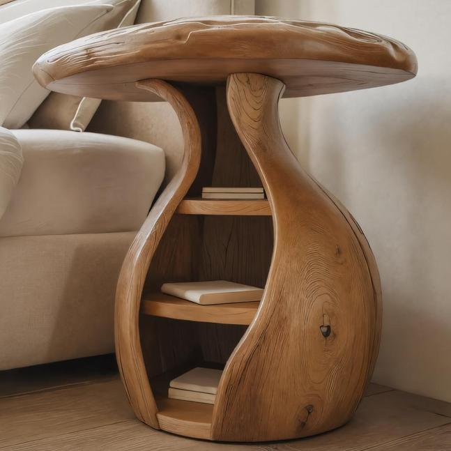 Artistic Wooden Bedside Table, Modern Curved Solid Wood Nightstand with Storage Shelves for Bedroom Decor