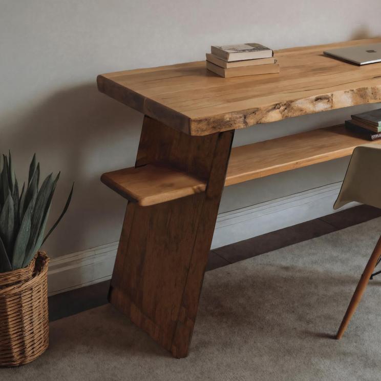 Rustic Wooden Writing Desk with Storage Shelf, Handcrafted Solid Wood Computer Study Table for Home Office