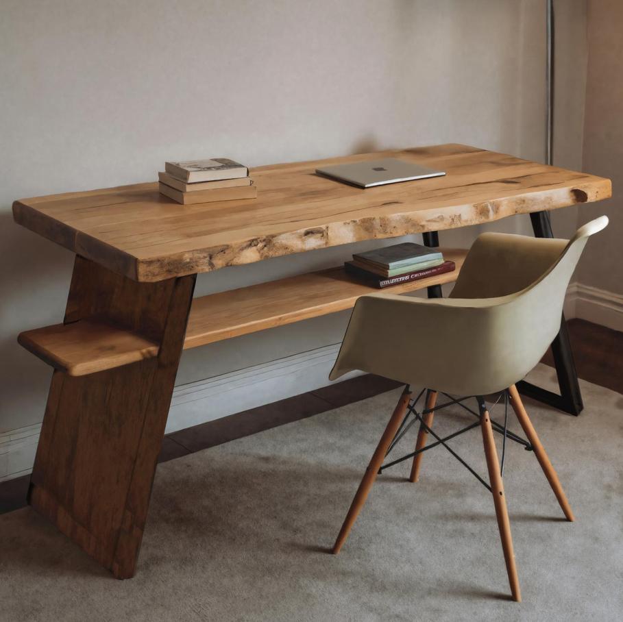 Rustic Wooden Writing Desk with Storage Shelf, Handcrafted Solid Wood Computer Study Table for Home Office