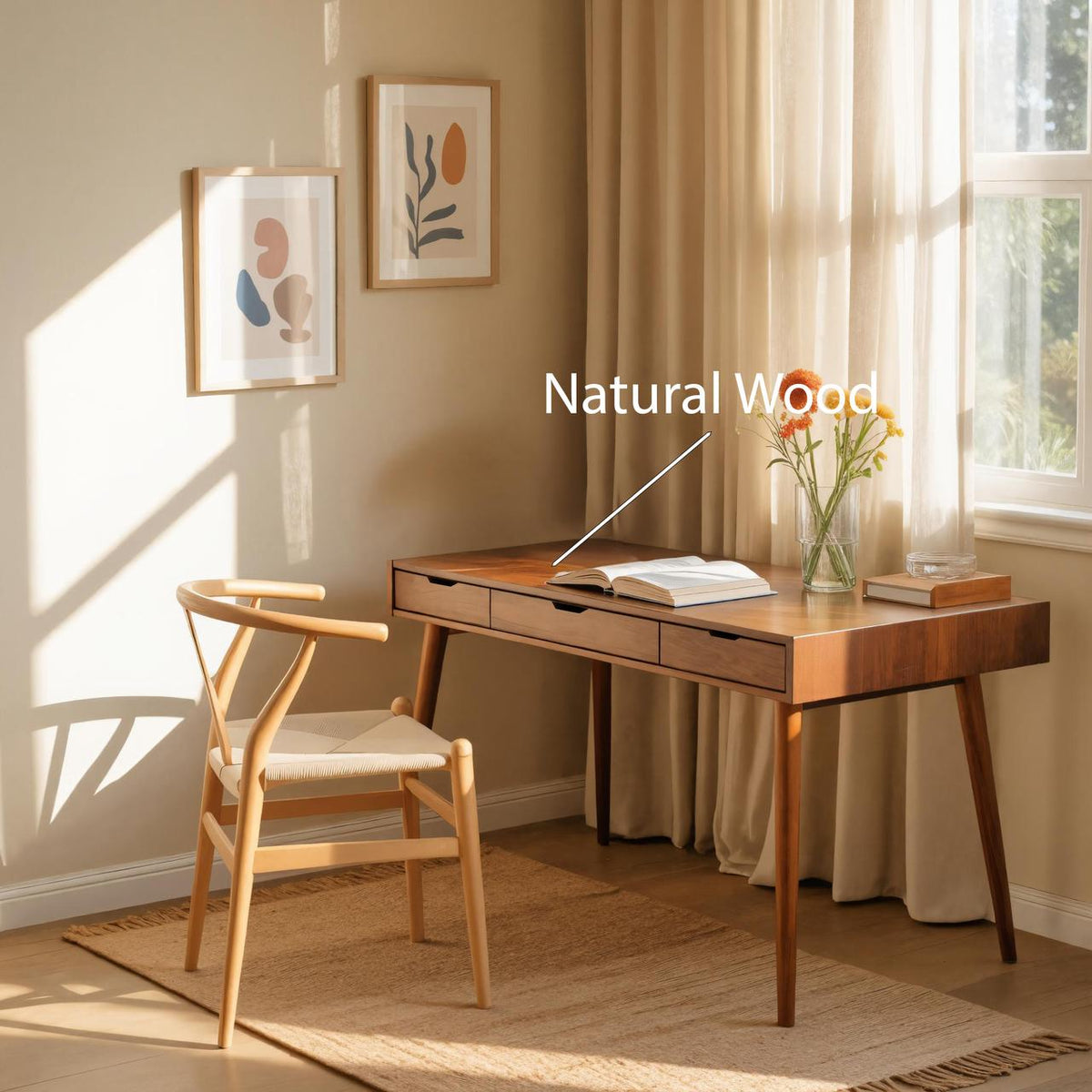 Mid-Century Modern Wood Desk with Drawers, Solid Wood Computer Study Table, Writing Desk for Home Office