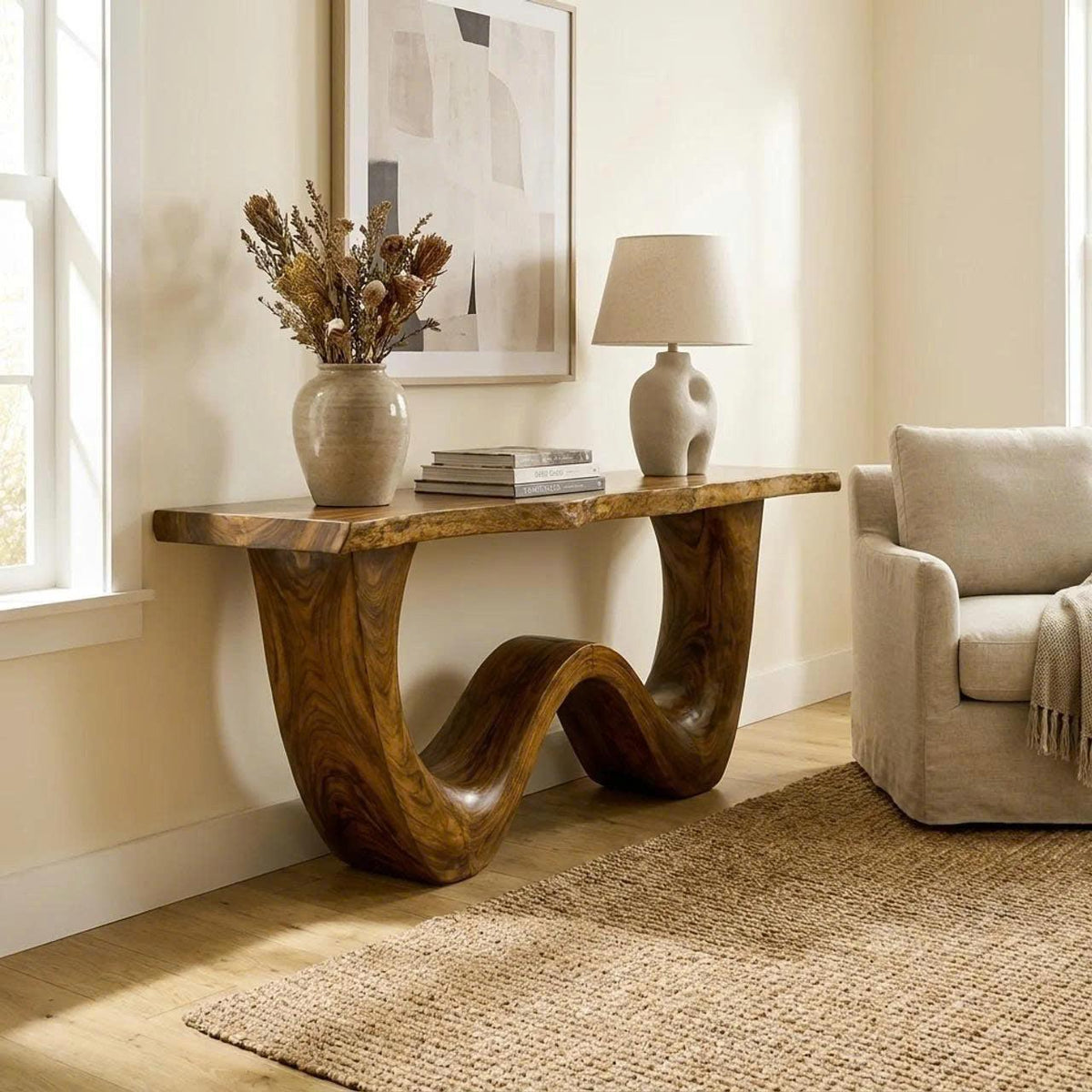 Organic Wave Base Wood Console Table, Sculptural Entryway, Hallway & Sofa Back Table