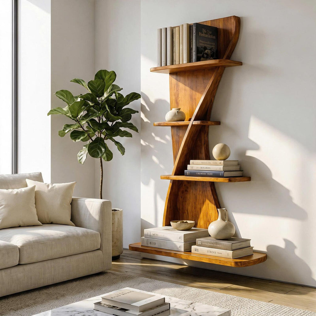 Sculptural Bookshelf Handcrafted Curved Wood Shelves For Home Office