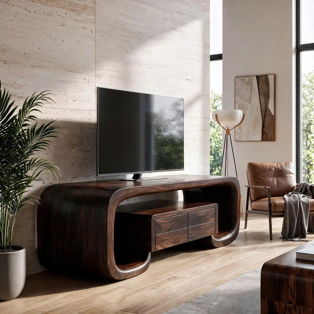 Organic TV Stand With Monolithic Wood Design For Living Room And Family Room