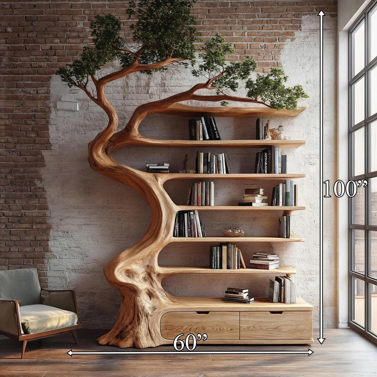 Rustic Tree Bookshelf with Storage Cabinet, Handcrafted Wood Branch Bookcase for Living Room
