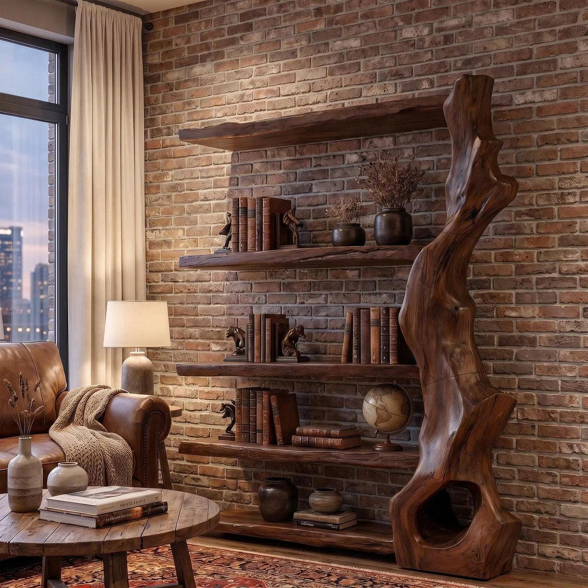 Rustic Tree Bookshelf with Handcrafted Branch Base, Solid Wood Bookcase Organizer with Open Shelves for Home Office Living Room