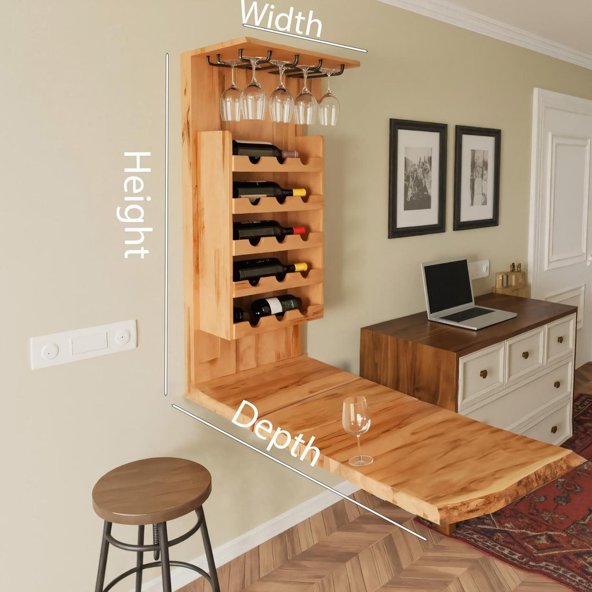 Wall Mounted Wine Rack With Folding Live Edge Table For Kitchen Or Bar
