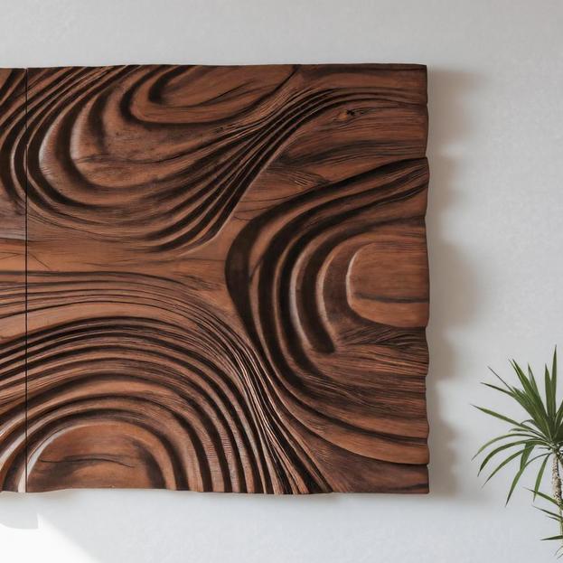 Abstract Sculptural Wood Wall Art With Carved Wave Patterns For Living Room Or Bedroom