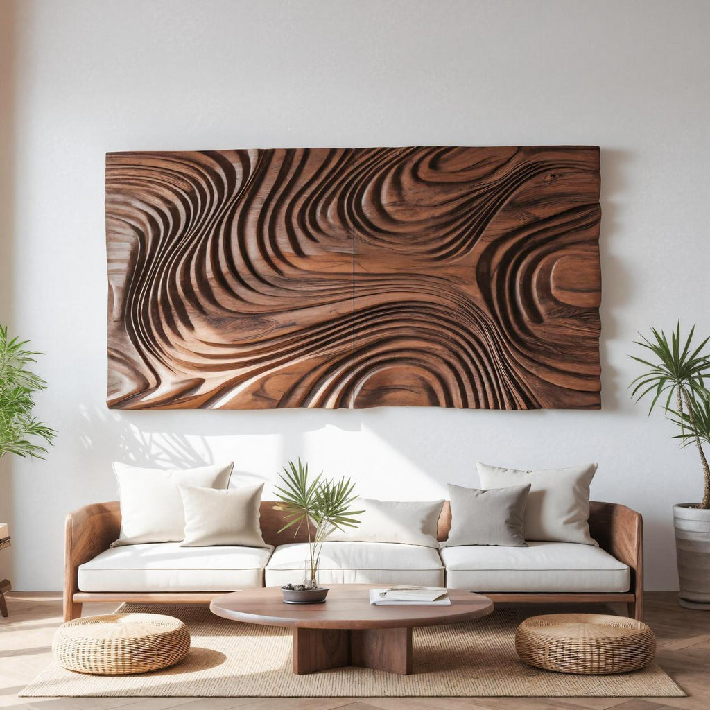Abstract Sculptural Wood Wall Art With Carved Wave Patterns For Living Room Or Bedroom