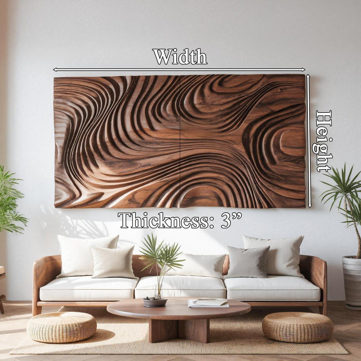 Abstract Sculptural Wood Wall Art With Carved Wave Patterns For Living Room Or Bedroom