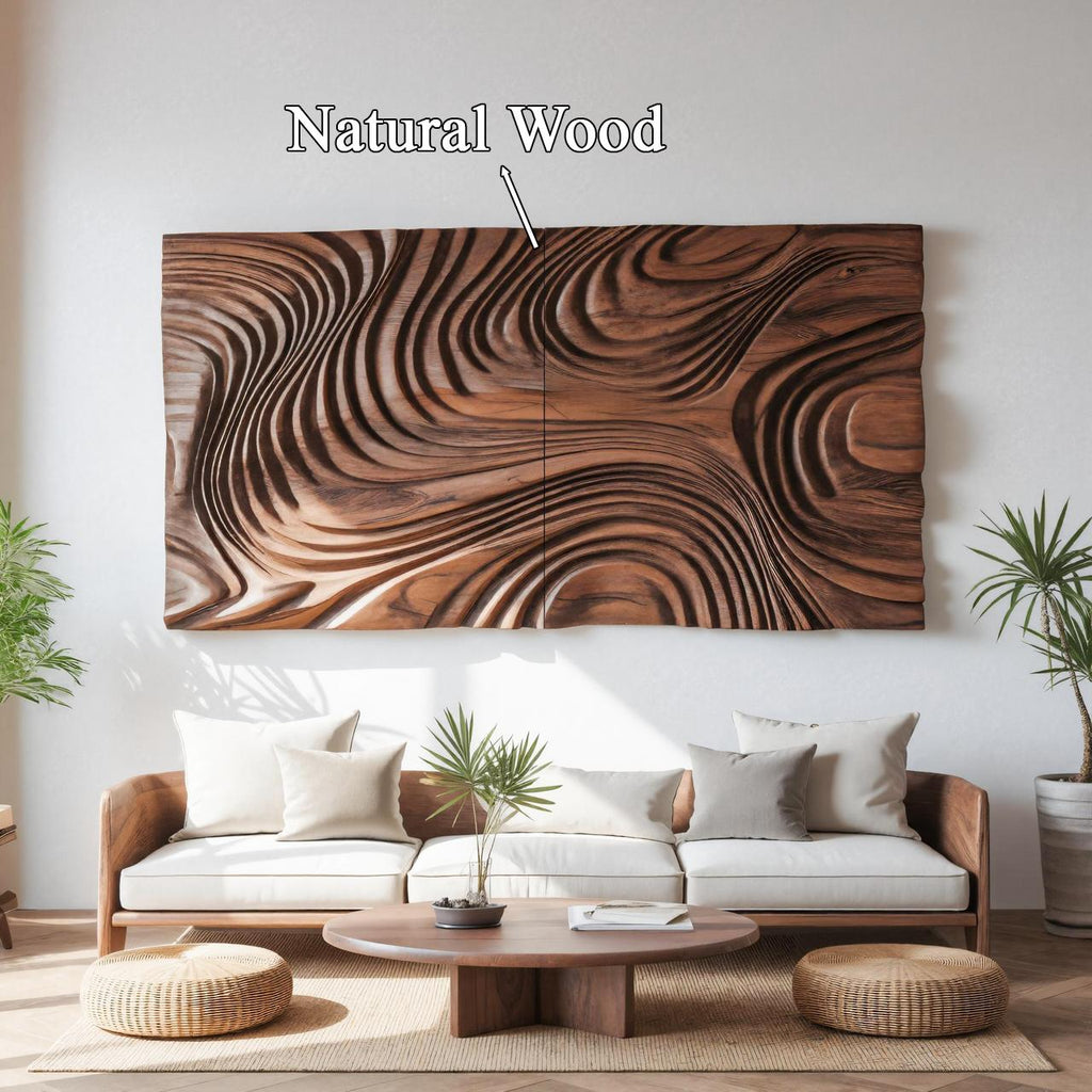 Abstract Sculptural Wood Wall Art With Carved Wave Patterns For Living Room Or Bedroom