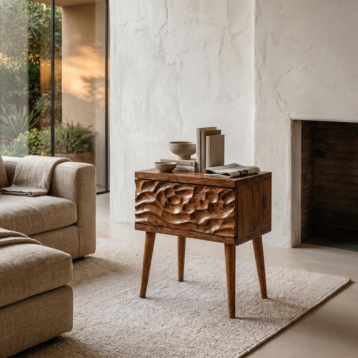 Mid-Century Modern Side Table, Carved Wood Drawer End Table & Bedside Nightstand for Bedroom