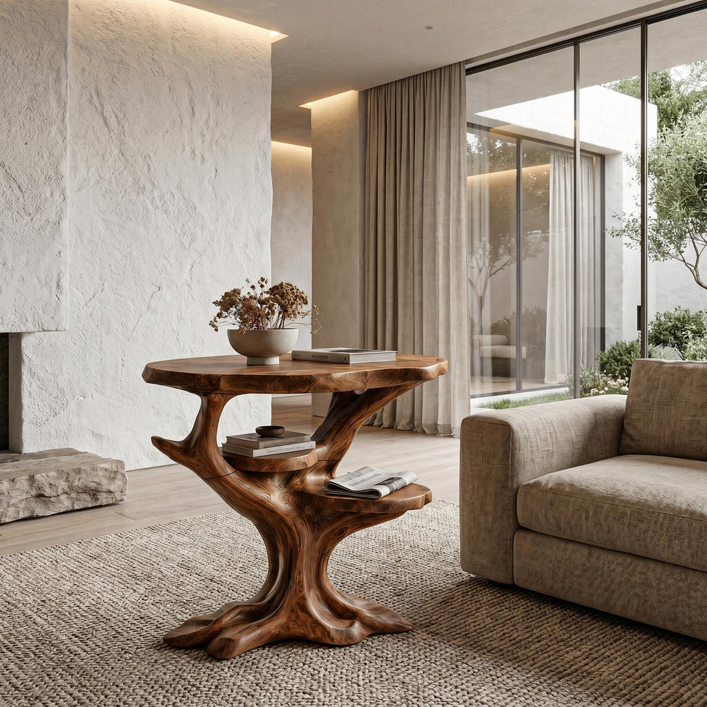 Organic Sculptural Side Table, Solid Wood Display End Table & Nightstand for Living Room and Bedroom