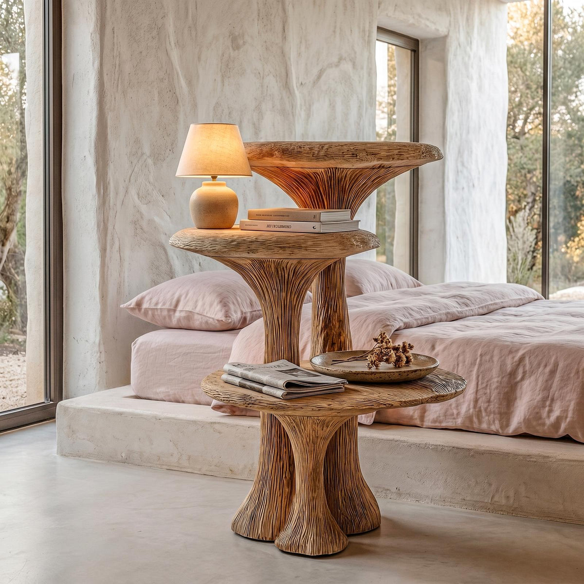Spry Interior Organic Sculptural Nightstand, Multi-Tier Solid Wood Bedside Table & Accent End Table for Bedroom, SINLHABT258