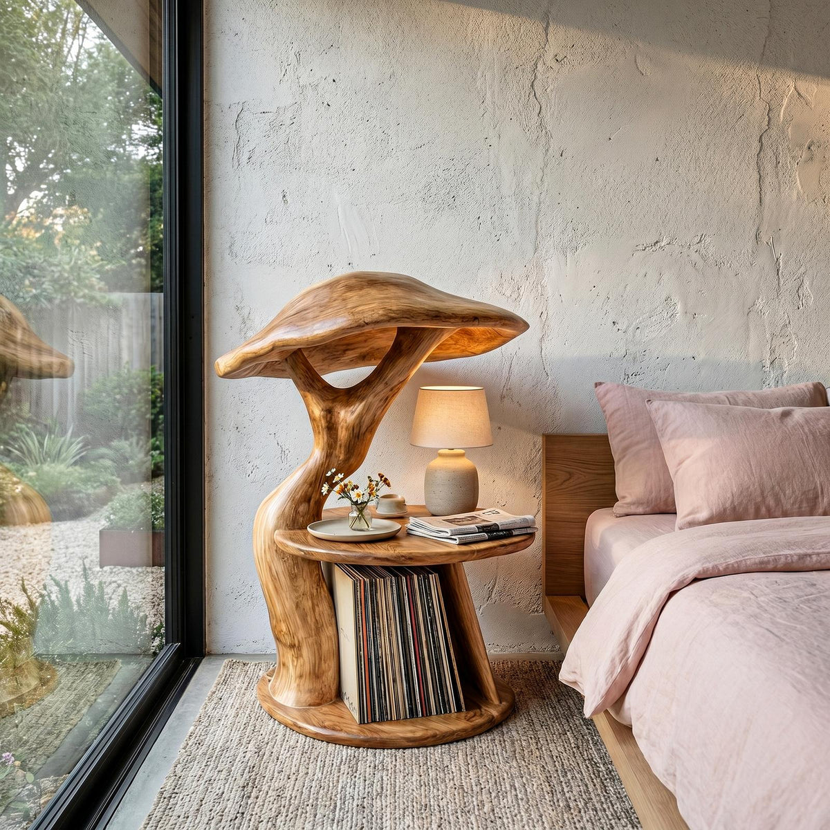 Spry Interior Organic Mushroom Nightstand, Sculptural Solid Wood End Table with Record Vinyl Storage for Bedside, SINLHABT259