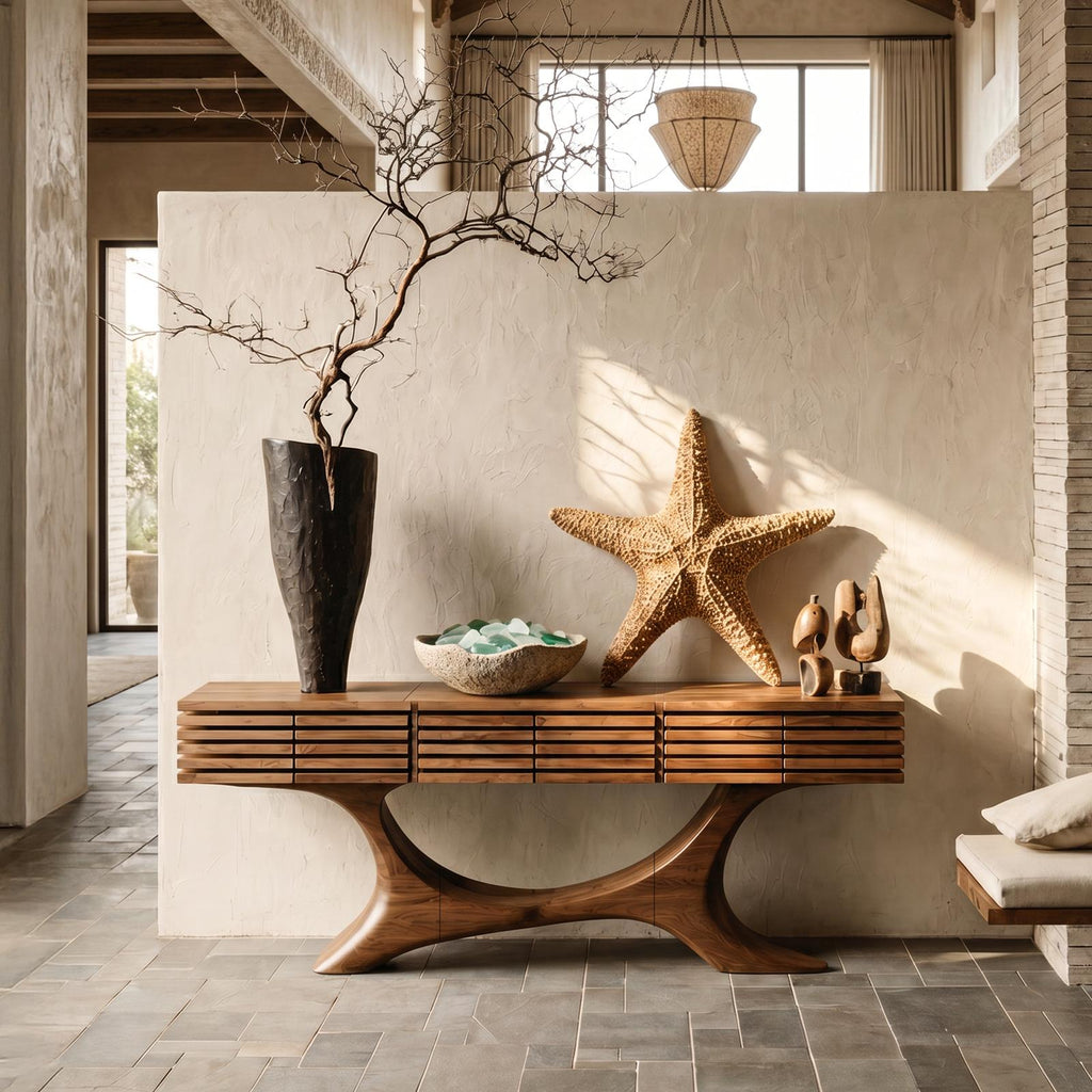 Contemporary Console Table With Curved Tree Trunk Base And Built In Storage Drawers For Living Room