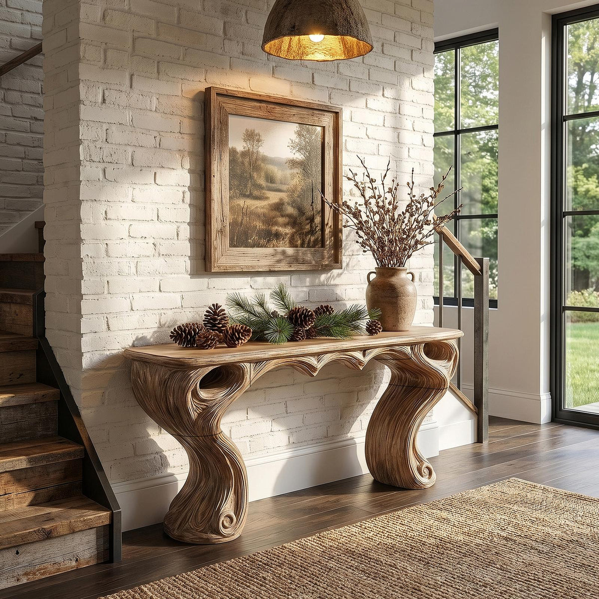 Organic Console Table With Hidden Drawers For Entryway Living Room And Hallway