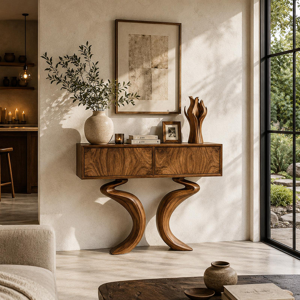 Organic Console Table With Hidden Storage Cabinet For Living Room And Entryway