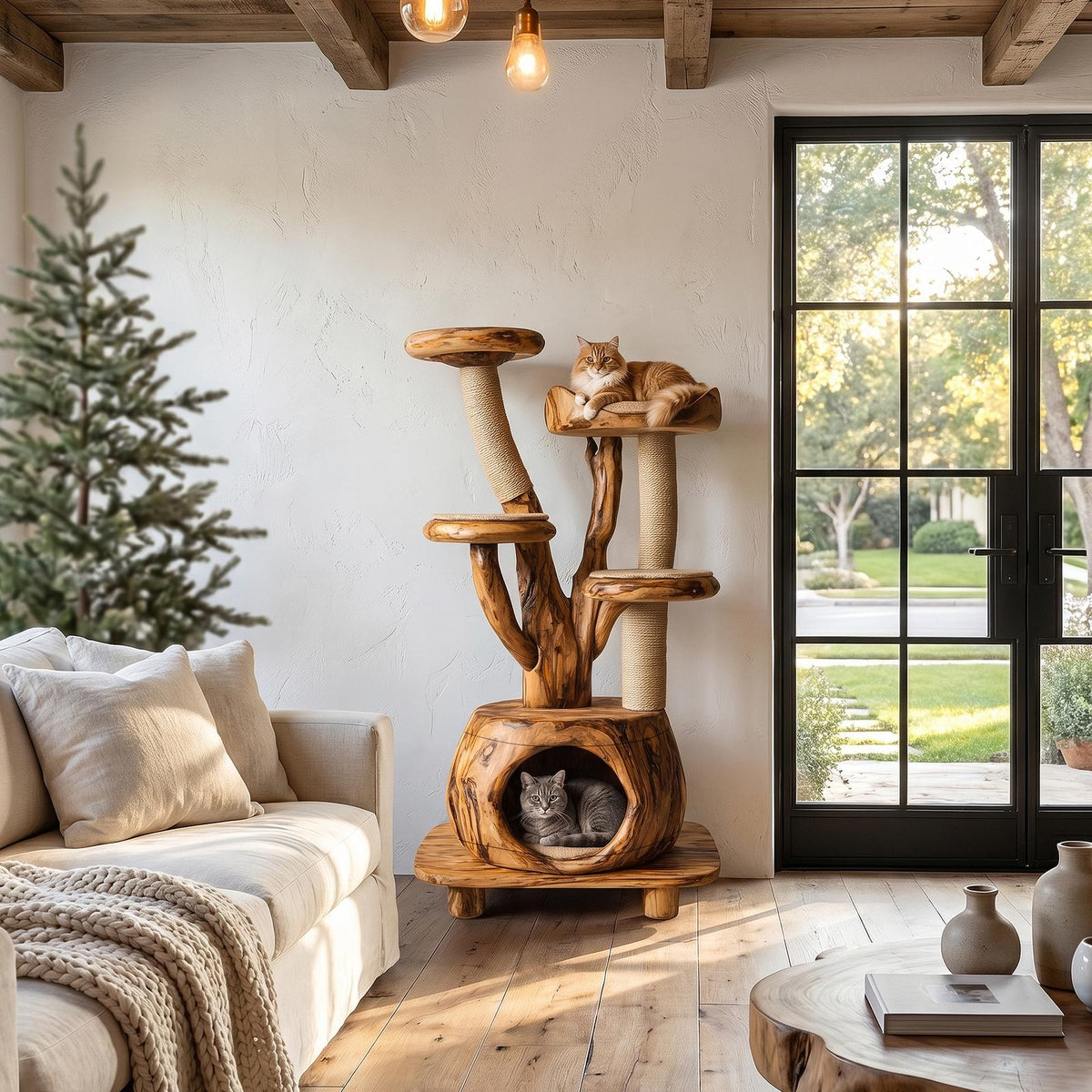 Rustic Tree Cat Tower With Cozy Pet Bed For Living Room SINLHAPB011