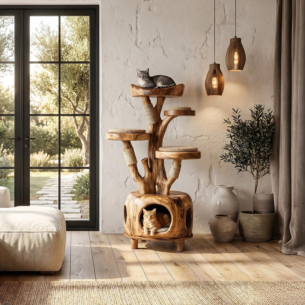 Nature Inspired Cat Tower With Cozy Hideaway Pet Bed For Home SINLHAPB012