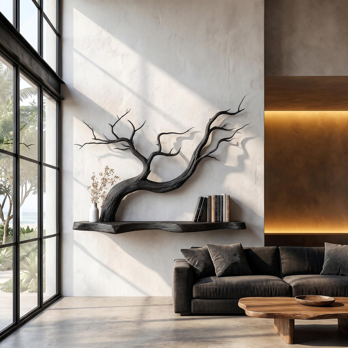 Handcrafted Floating Shelf With Sculptural Tree Branch Form For Living Room