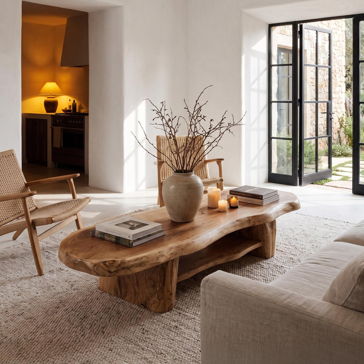 Nature Inspired Coffee Table With Sculptural Wood Base For Living Room