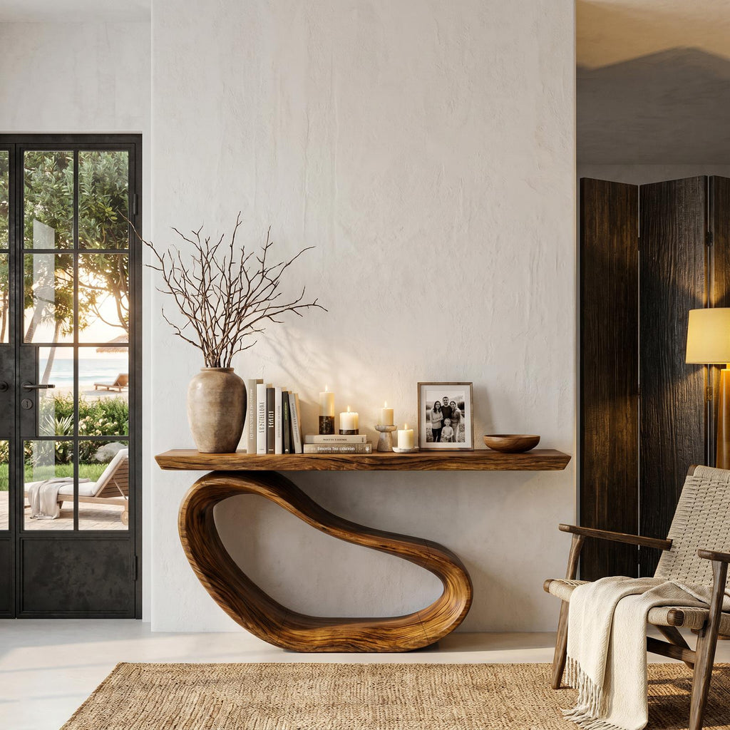 Minimalist Console Table With Sculptural Wood Base For Entryway