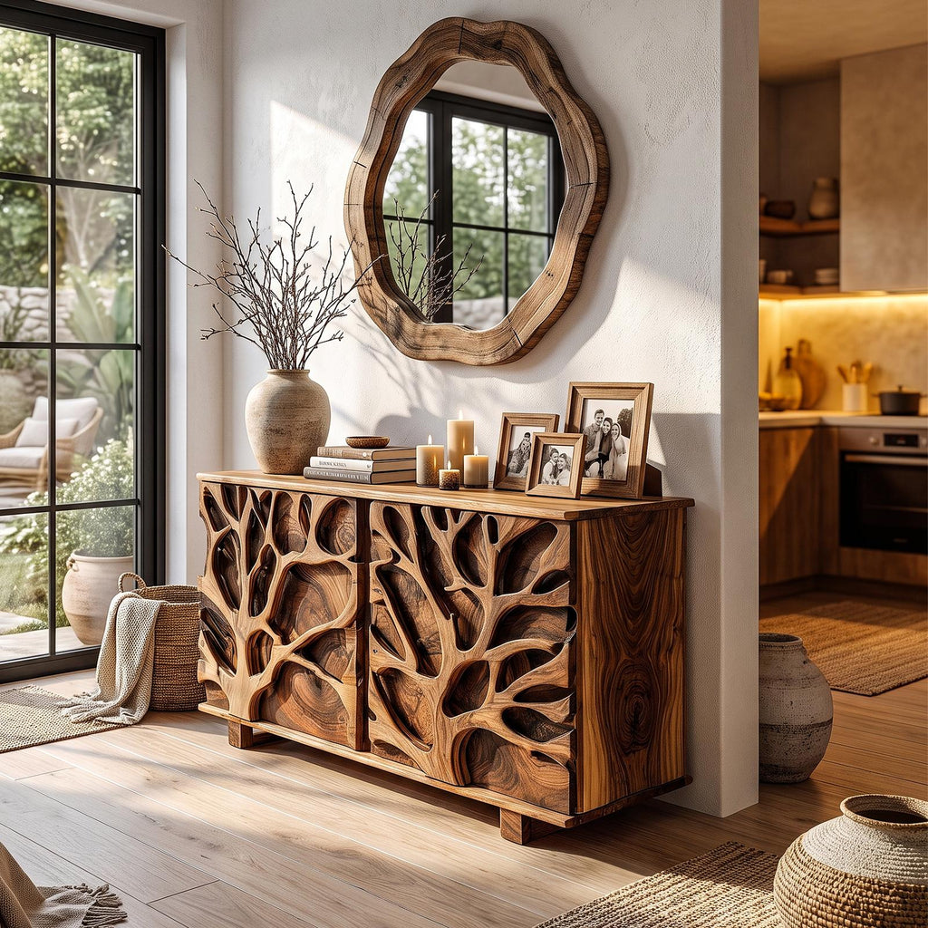 Nature Inspired Storage Cabinet With Hand Carved Wood Design For Entryway