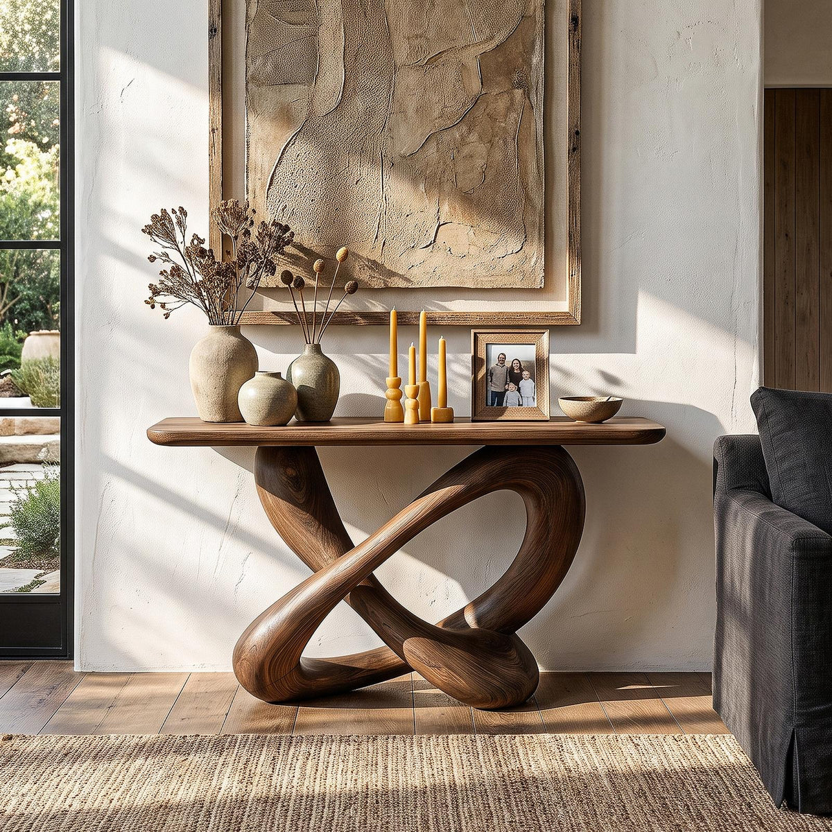 Modern Console Table With Twisted Ribbon Wood Base For Entryway
