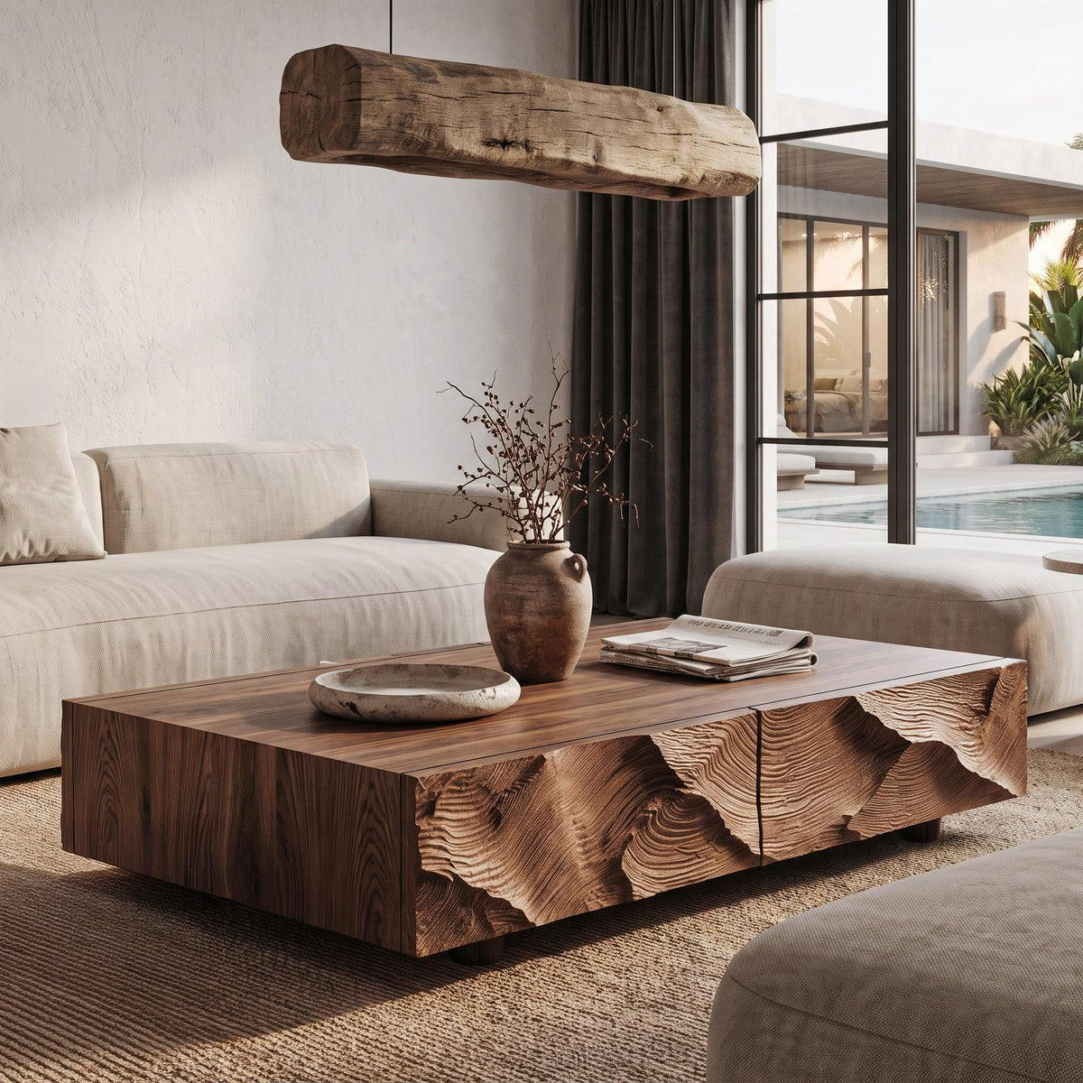 Contemporary Coffee Table With Sculptural Carved Drawer Front For Living Room SINLHACF424