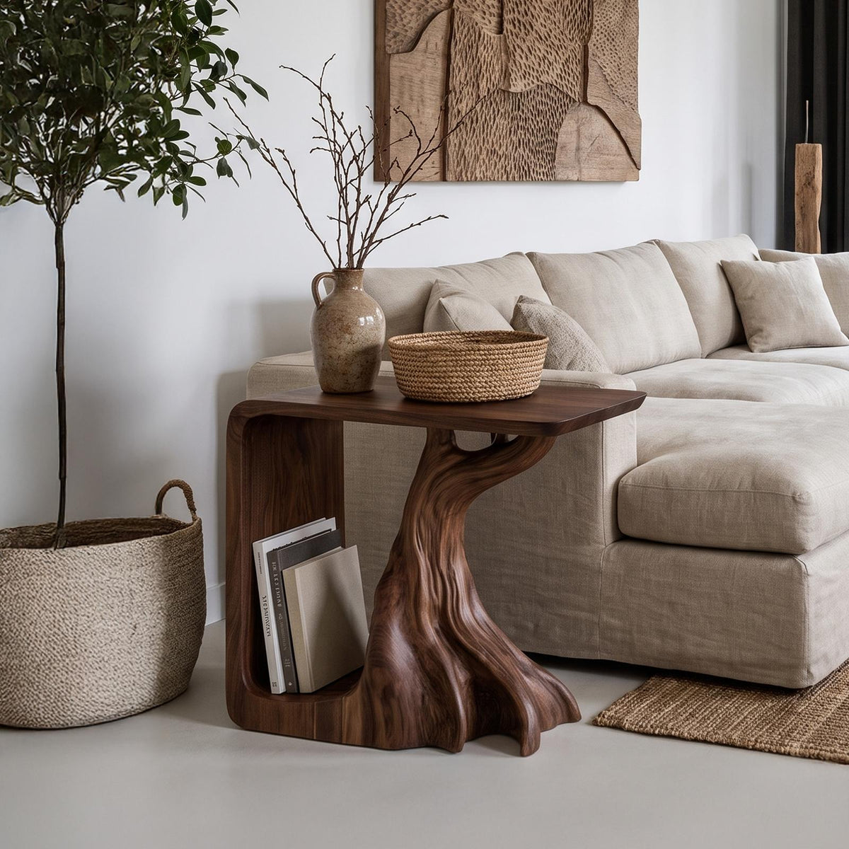 Rustic Sculptural Bedside Table With Root Inspired Base For Living Room