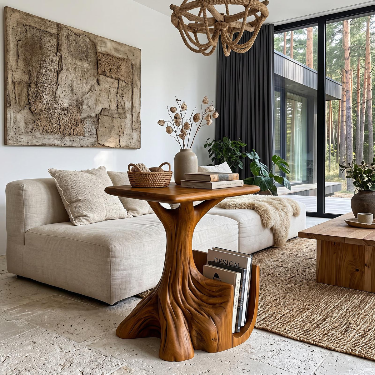 Contemporary Sculptural Side Table With Tree Inspired Base For Living Room