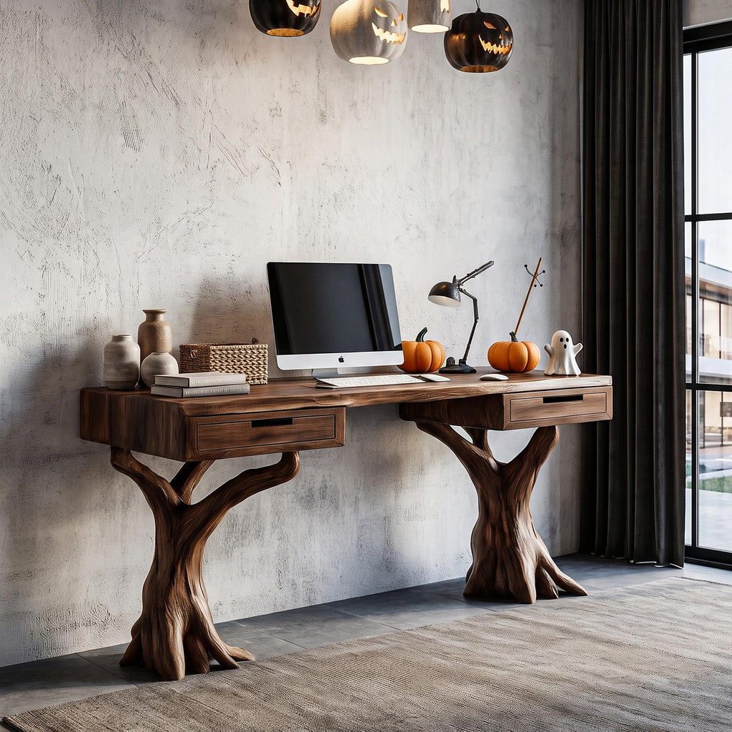 Contemporary Halloween Storage Desk With Pumpkin Display Shelves For Home Office