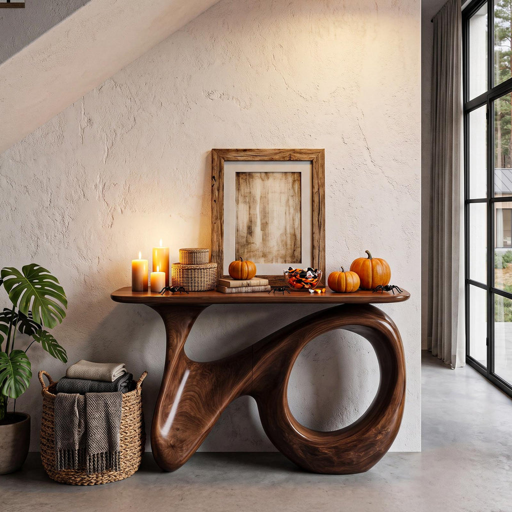 Natural Halloween Hallway Table With Carved Gothic Arch Frame For Foyer